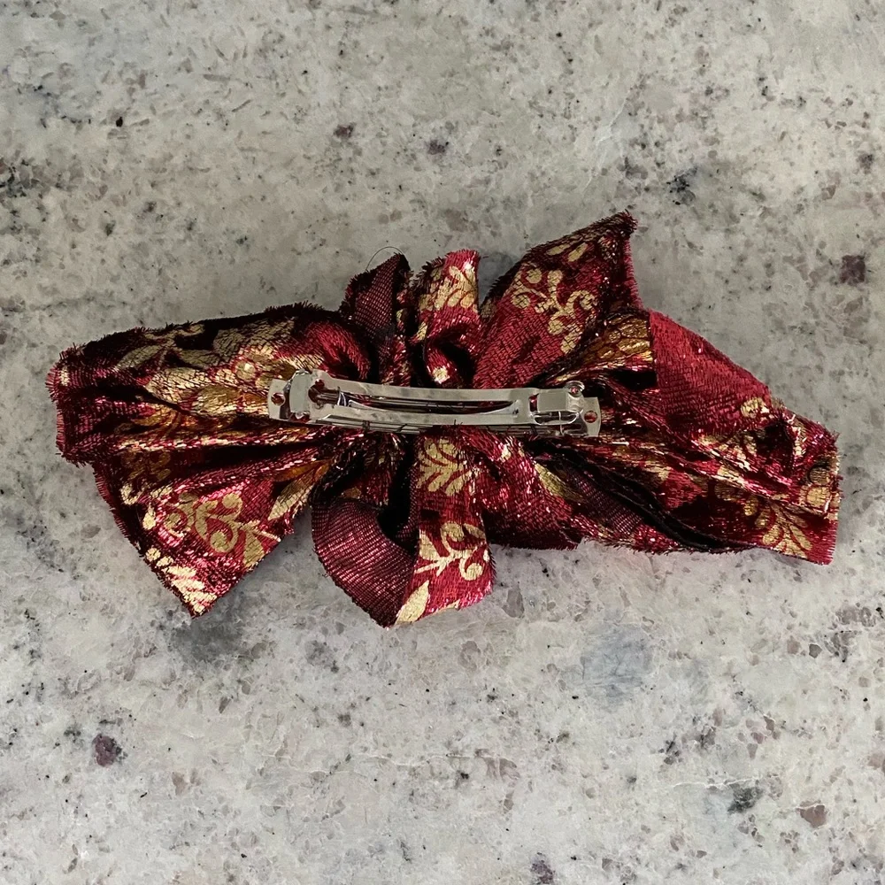 Vintage Large Red & Gold Multicolored Fabric Hair Bow Silky Clip Barrette
